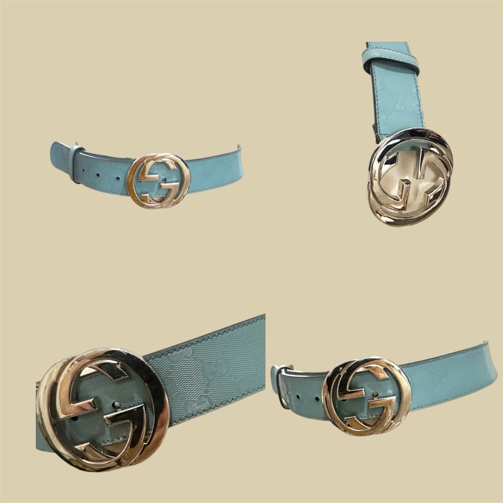 Gucci Blue and Gold Leather Belt with Iconic Design